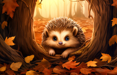 Hedgehog in the autumn forest. Watercolor illustration