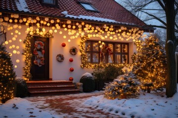 Illuminated Home: A residence adorned with gleaming lights and festive New Year's decorations