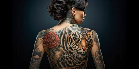 Zelfklevend Fotobehang Tattooed woman with a tiger tattoo on her back © thodonal