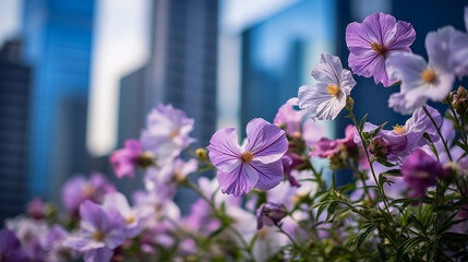 Purple flowers with buildings in background. Urbanization and sustainable environment concept