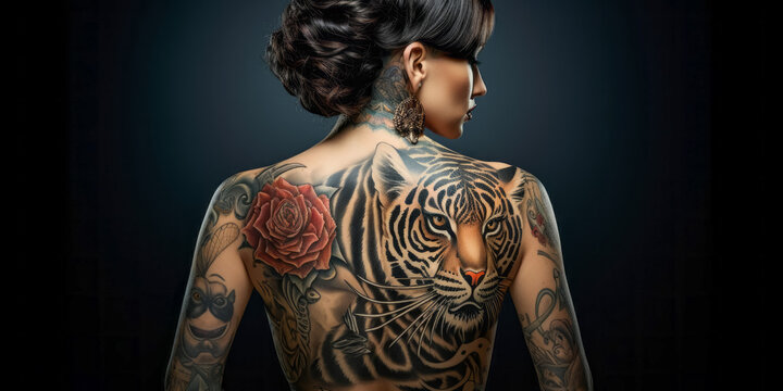 Tattooed Woman With A Tiger Tattoo On Her Back