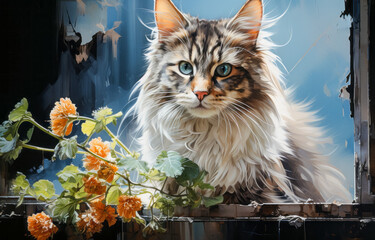 Fluffy Maine Coon cat sitting on window sill with flowers.