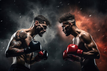 Boxing Showdown: Two Men Battling in the Shadows - obrazy, fototapety, plakaty