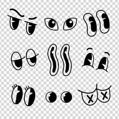 Retro cartoon old animation eyes. Groovy vintage 30s 60s 70s eyes with various emotions