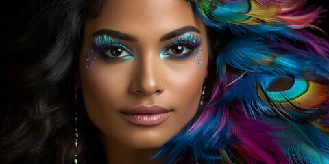 Portrait of beautiful young woman with bright make-up and colorful feathers
