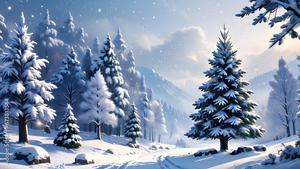 Wall mural Christmas tree with winter snow, pine forest, mountain and sky. xmas background