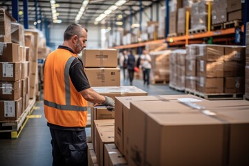 A Busy Warehouse Worker Organizing Boxes With an Orange Vest