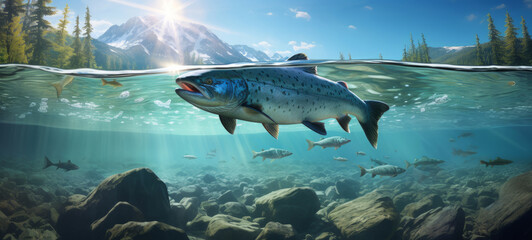 Salmon fish swimming in the river or fresh water in a forest. Under water view of salmon - obrazy, fototapety, plakaty
