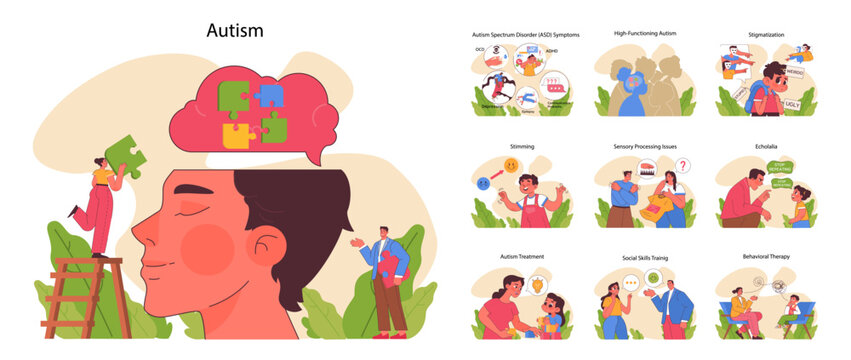 Autism awareness concept. A comprehensive look into Autism Spectrum Disorder, its symptoms, and therapeutic approaches. Understanding, treatment, and acceptance. Flat vector illustration