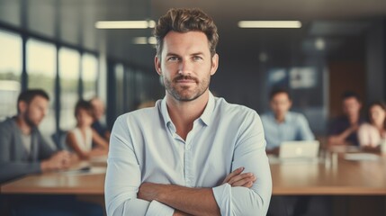Fototapeta premium leader businessman in a boardroom with blurred officers background in office, Successful business team concept, Generative AI