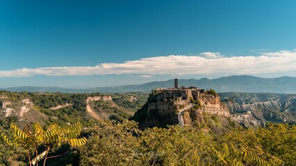 Stunning aerial view of the small mountain town of Civita di Bagnoregio in Italy.