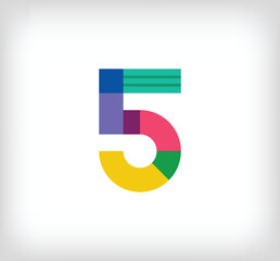 Creative abstract number 5 multicolored linear logo. Modern text lines with new pop art colors. Number alphabet template. Creative education geometric.vector