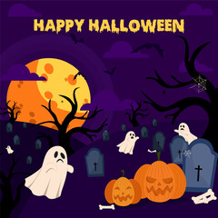 Happy halloween illustration with cemetery and ghost on purple background