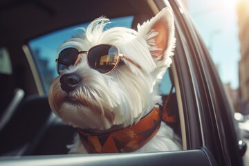 A Cool Canine Cruising in Shades: The Adventures of a Small White Dog in a Car""