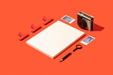 Magazine cover mockup, template with instant camera and instant photo films on red background