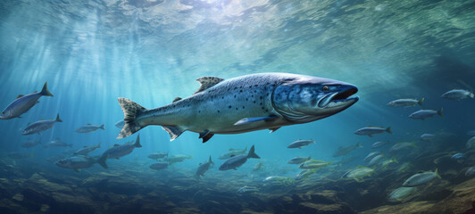 Fototapeta premium Salmon fish swimming in the river or fresh water in a forest. Under water view of salmon