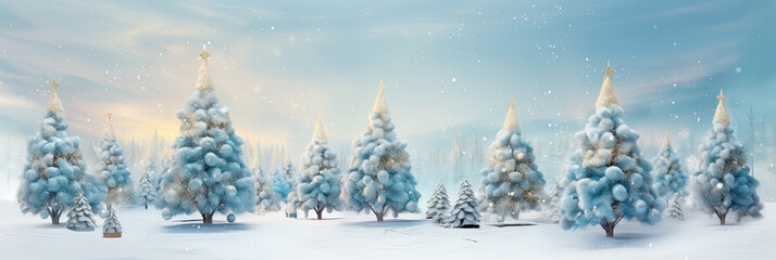 Fondo navideño de abetos con decoraciones y estrellas doradas en un bosque nevado, en todos cianes y amarillos - obrazy, fototapety, plakaty