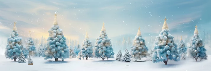 Fototapeten Fondo navideño de abetos con decoraciones y estrellas doradas en un bosque nevado, en todos cianes y amarillos © Helena GARCIA