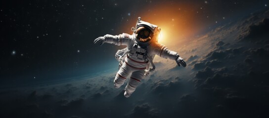 Naklejka premium Traversing Celestial Vistas: An Astronaut Adrift in Glowing Skies