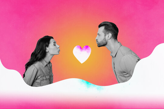 Collage greeting picture of adorable sweet couple kissing isolated on drawing pink background