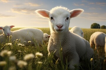 Obraz premium A Majestic Herd of Sheep Grazing on a Vibrant, Verdant Meadow