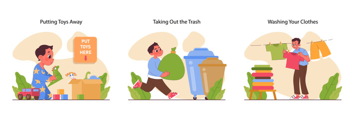 Child doing household chores. Formation of your child's responsibility. Little kid doing household chores, helping parents with cleaning. Positive parenting tips. Flat vector illustration