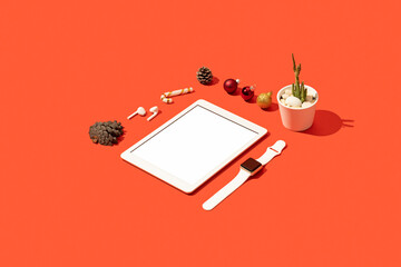 digital tablet mockup on red Christmas flat lay background