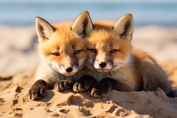 A Serene Moment: Foxes Relaxing on a Golden Sandy Beach