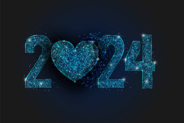 Abstract isolated blue image of new year number 2024. Polygonal low poly wireframe illustration looks like stars in the blask night sky in spase or flying glass shards. Digital web, internet design. © Katsiaryna