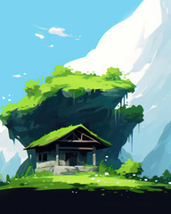 Wooden house in the mountains, cartoon style
