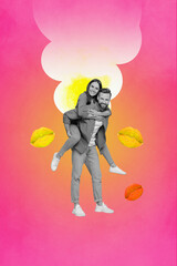 Poster brochure collage of two enamored people beautiful couple have fun together isolated on drawing pink background