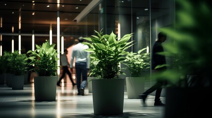 Green business company and sustainable corporative environment with lush plants for employee wellbeing and ESG standards. Ecological office space with nature elements. Serene and peaceful environment