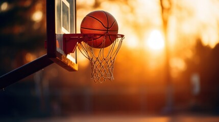 Naklejka premium Close up of orange ball above the hoop net. Street game