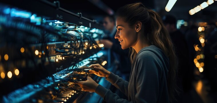 a woman in an aisle of an internet data storage nas server