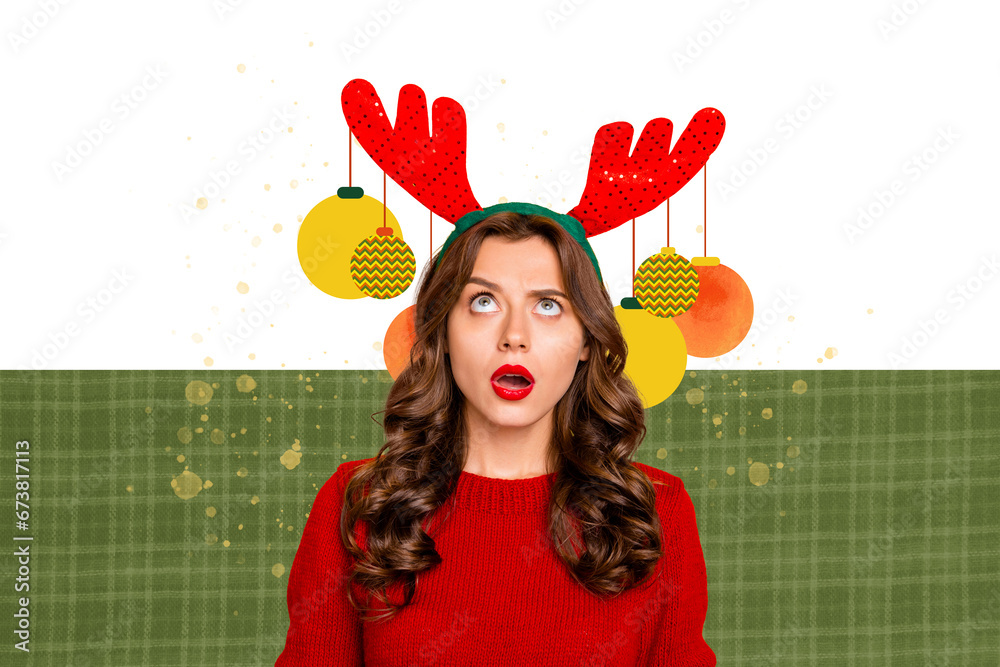 Canvas Prints Photo sketch collage picture of shocked funny lady new year baubles hanging deer horns isolated creative background