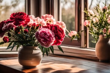 A bouquet of carnation and peony flowers, placed in a warm beige ceramic vase, on a wooden surface,...
