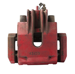 Old red metal brake caliper on a white background for replacement during the repair of the chassis...