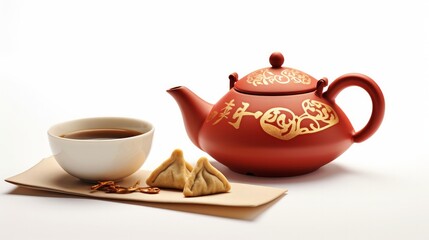 Teapot, fortune cookie, red envelope and Chinese symbols on white background. New Year celebration