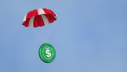 USDD, USDD, airdrop coins falling for a cryptocurrency concept, many coins going parachute chute down falling bounty. white background. symbol and ticker icons. 4k 3D rendering - obrazy, fototapety, plakaty