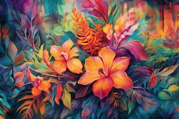 Fototapeta na wymiar Vibrant, shimmering, lush foliage amidst colorful florals. Generative AI