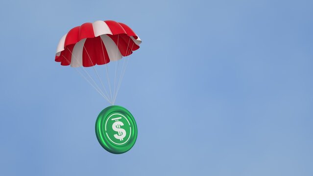 USDD, USDD, airdrop coins falling for a cryptocurrency concept, many coins going parachute chute down falling bounty. white background. symbol and ticker icons. 4k 3D rendering