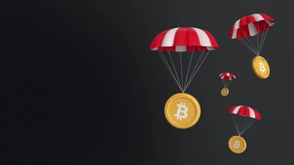 Tuinposter btc, Bitcoin, airdrop coins falling for a cryptocurrency concept, many coins going parachute chute down falling bounty. white background. symbol and ticker icons. 4k 3D rendering © Hessyz