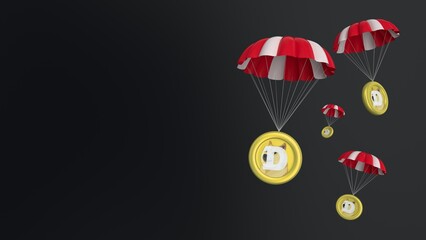 doge, Dogecoin, airdrop coins falling for a cryptocurrency concept, many coins going parachute chute down falling bounty. white background. symbol and ticker icons. 4k 3D rendering - obrazy, fototapety, plakaty