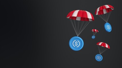 usdc, USD Coin, airdrop coins falling for a cryptocurrency concept, many coins going parachute chute down falling bounty. white background. symbol and ticker icons. 4k 3D rendering - obrazy, fototapety, plakaty