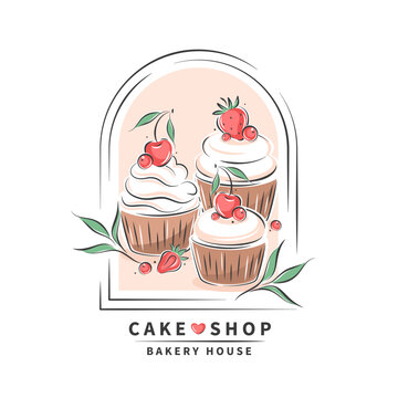 Сake, cupcake and berries. Cake shop. Vector illustration on white background for menu, recipe book, baking shop.