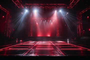 Rock concert stage light background with spotlight illuminated the stage for night music festival. Performance event stage. Empty stage with dramatic red colors. Entertainment show. - obrazy, fototapety, plakaty