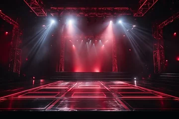 Foto op Aluminium Rock concert stage light background with spotlight illuminated the stage for night music festival. Performance event stage. Empty stage with dramatic red colors. Entertainment show. © Artinun