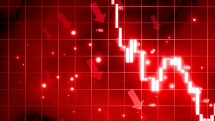 Empty, Template, 3D illustration of a bearish market with glow red trading candles and down arrows, vivid  glowing red background, financial loss and market decline. 4k image - obrazy, fototapety, plakaty