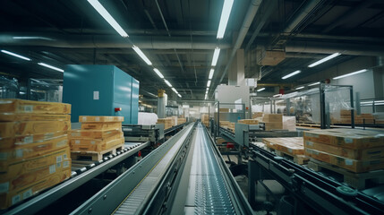 Time-lapse of an empty facility gradually filling up with food products during the workday. - obrazy, fototapety, plakaty