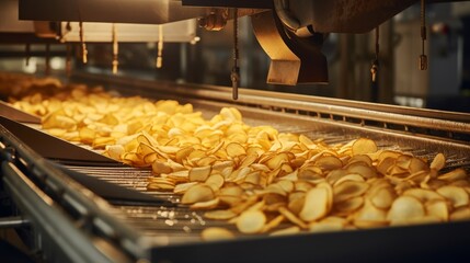 conveyor belt in a factory where potato chips are being processed. The chips appear to be freshly fried and are moving through the production line. - obrazy, fototapety, plakaty